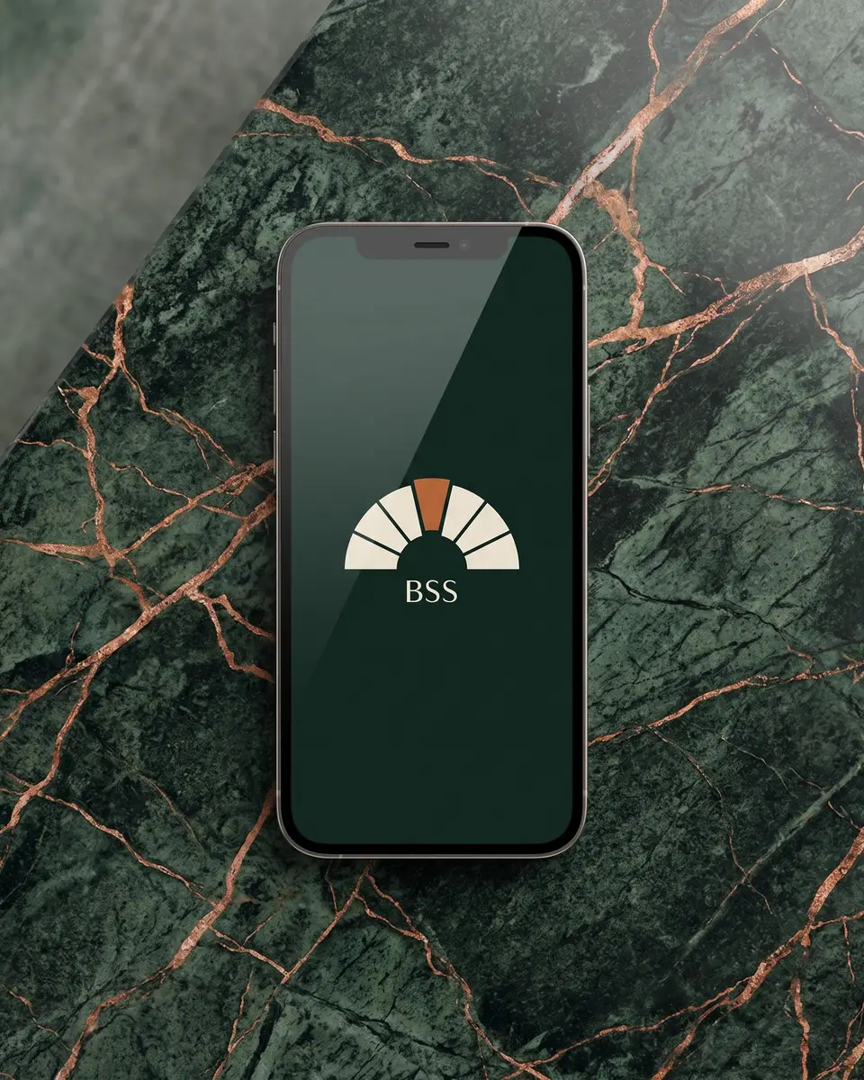 A phone showing the BSS splash screen on green marble.