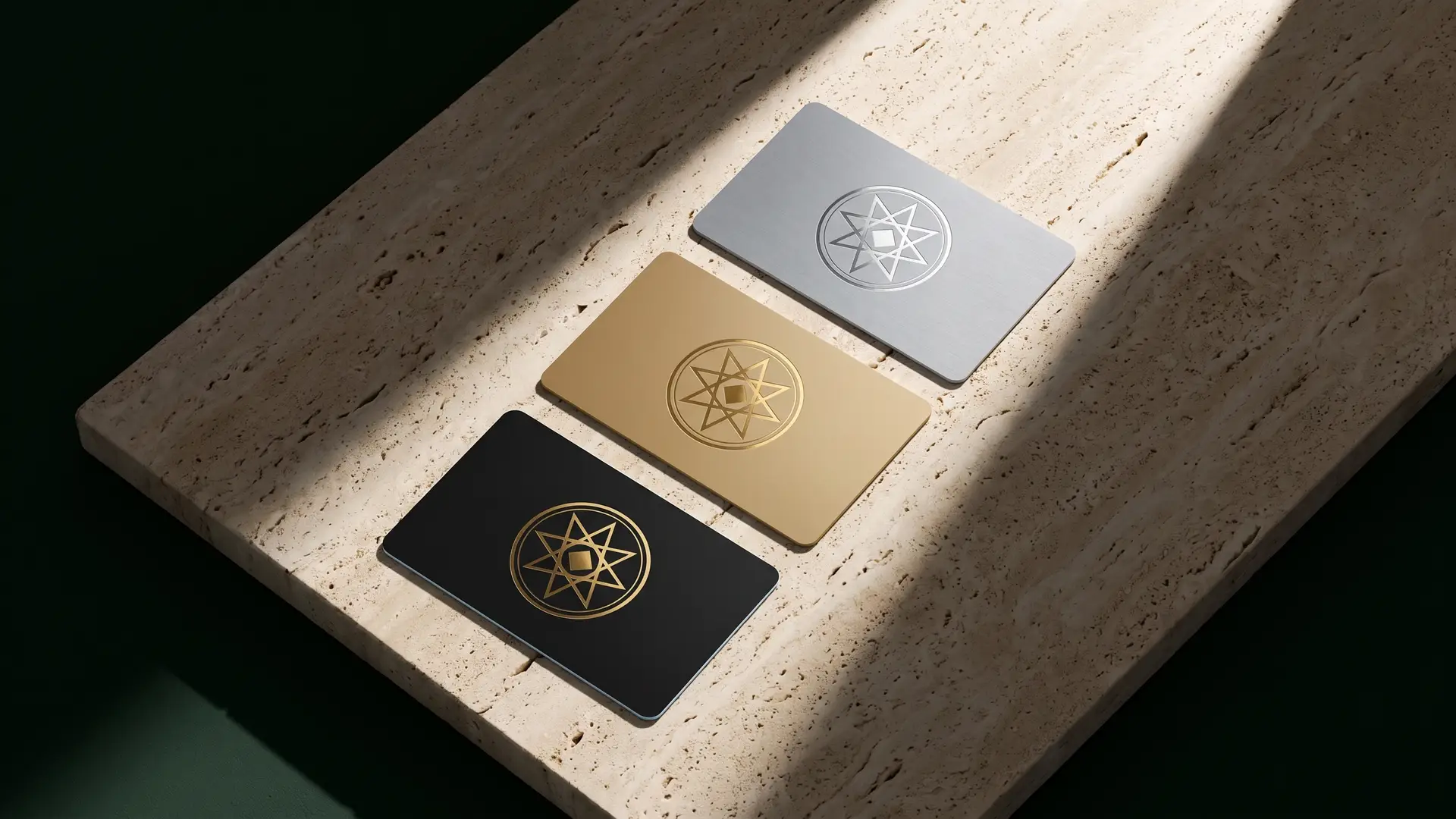 Three membership tiers in silver, gold and black on travertine.