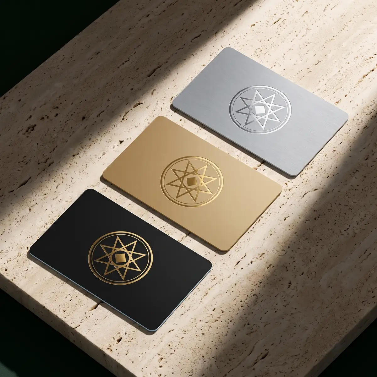 Three membership tiers in silver, gold and black on travertine.